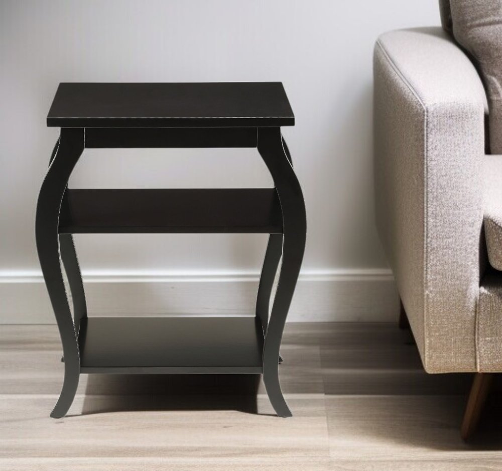 23" Black Wood Bow Leg End Table With Two Shelves