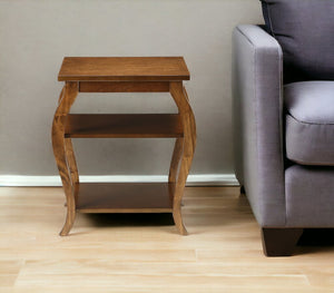 23" Brown Wood Bow Leg End Table With Two Shelves