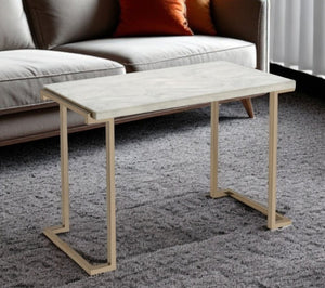 44" White and Gold Faux Marble And Iron Sled Coffee Table