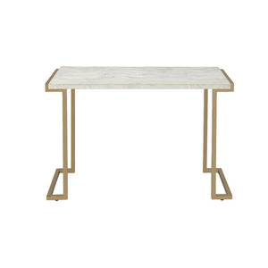 44" White and Gold Faux Marble And Iron Sled Coffee Table