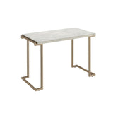 44" White and Gold Faux Marble And Iron Sled Coffee Table