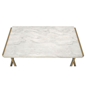 44" White and Gold Faux Marble And Iron Sled Coffee Table