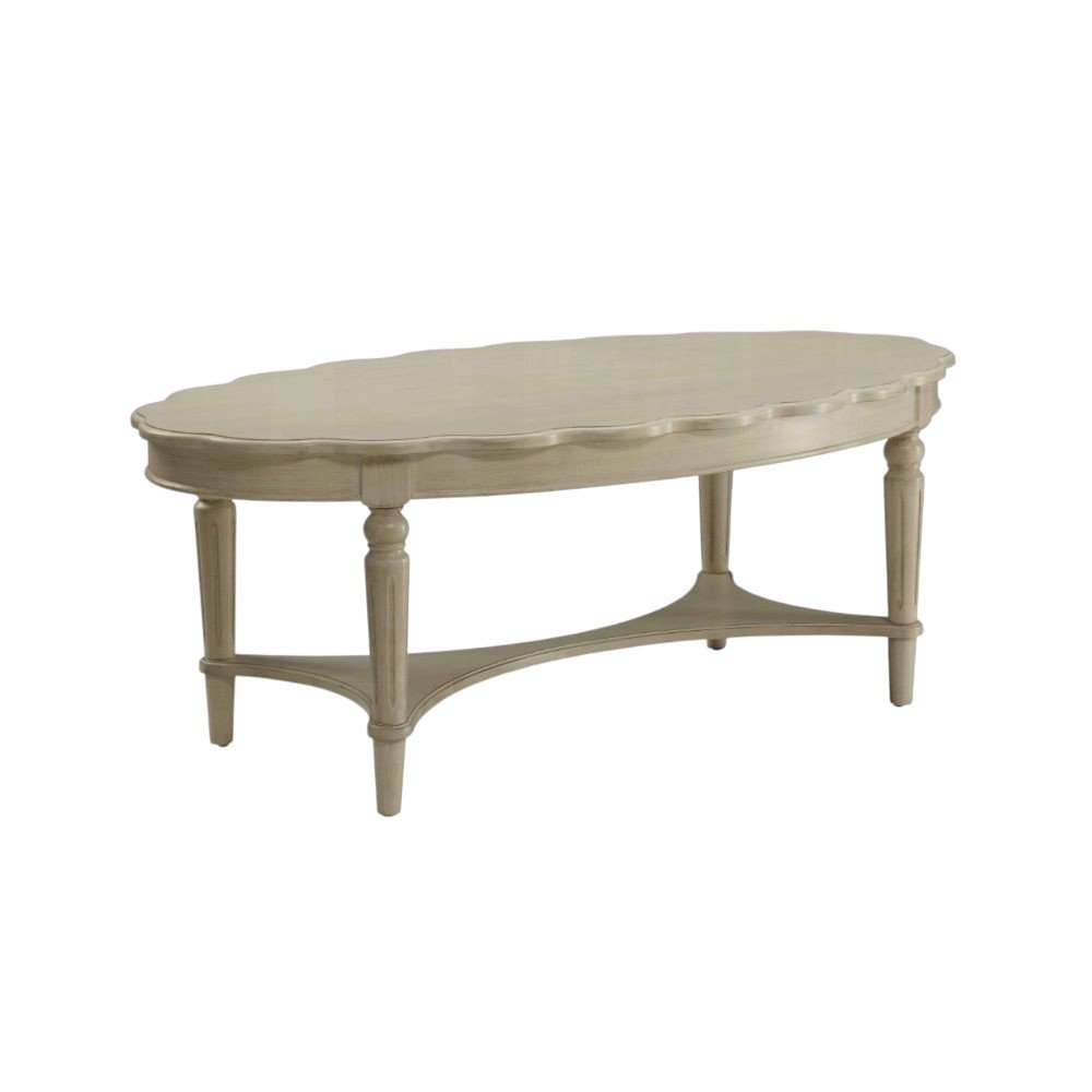 50" Antiqued White Solid Wood Oval Distressed Coffee Table