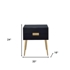 24" Black And Gold Wood And Iron End Table With Two Drawers