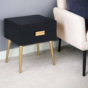 24" Black And Gold Wood And Iron End Table With Two Drawers