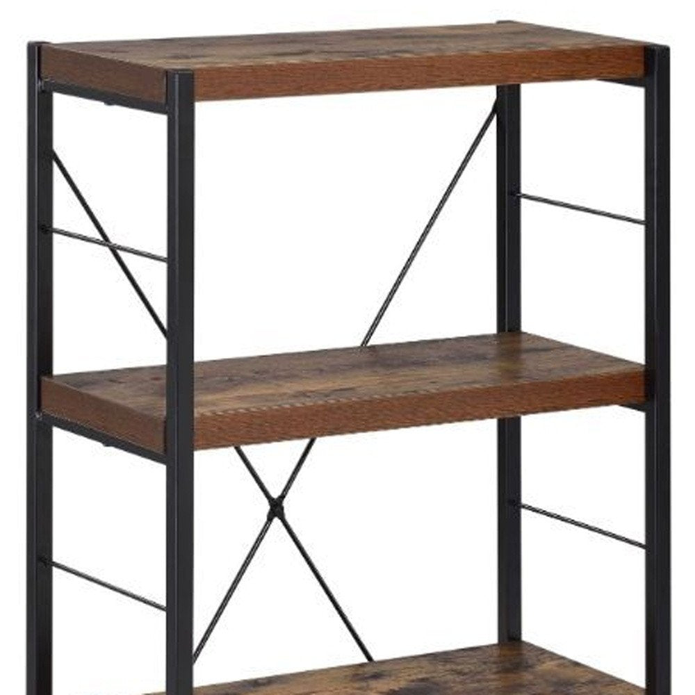 43" Black And Brown Distressed Metal and Wood Three Tier Etagere Bookcase