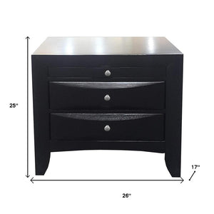 25" Black Solid Wood Three Drawer Nightstand