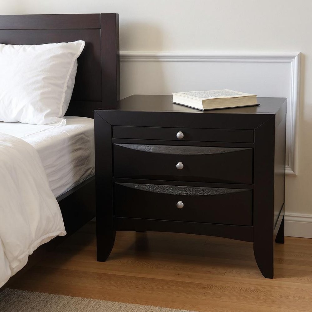 25" Black Solid Wood Three Drawer Nightstand