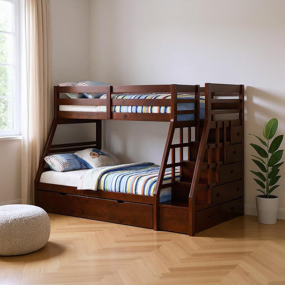 Espresso Twin Over Full Solid Wood Bunk Bed With Trundle And Storage