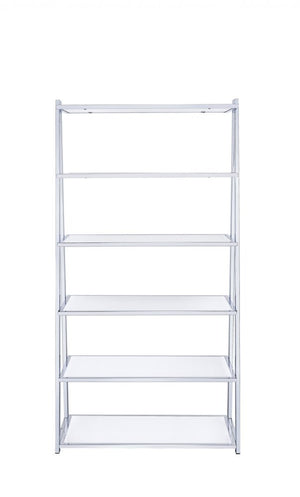 White And Silver Metal and Glass Five Tier Ladder Bookcase