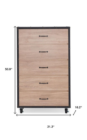 31" Oak Wood Five Drawer Dresser