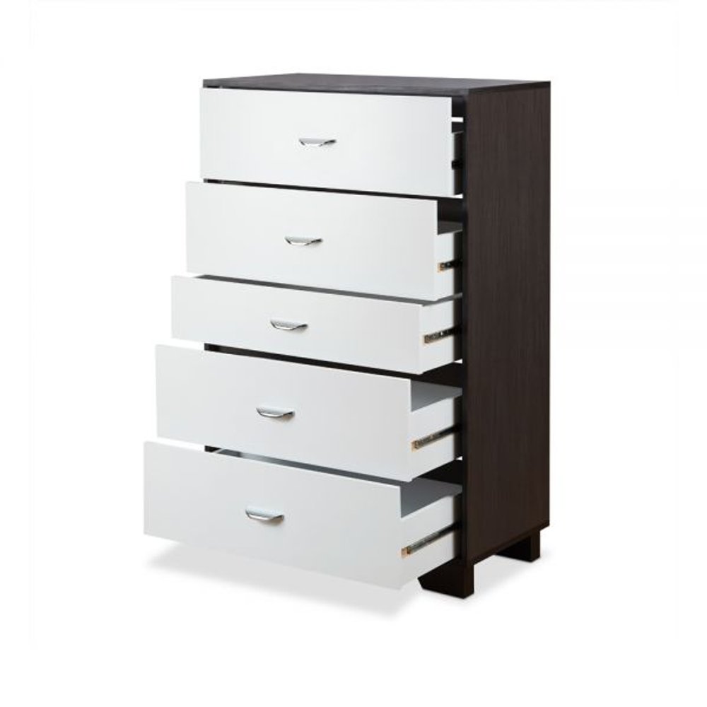 32" Brown And White Wood Five Drawer Dresser