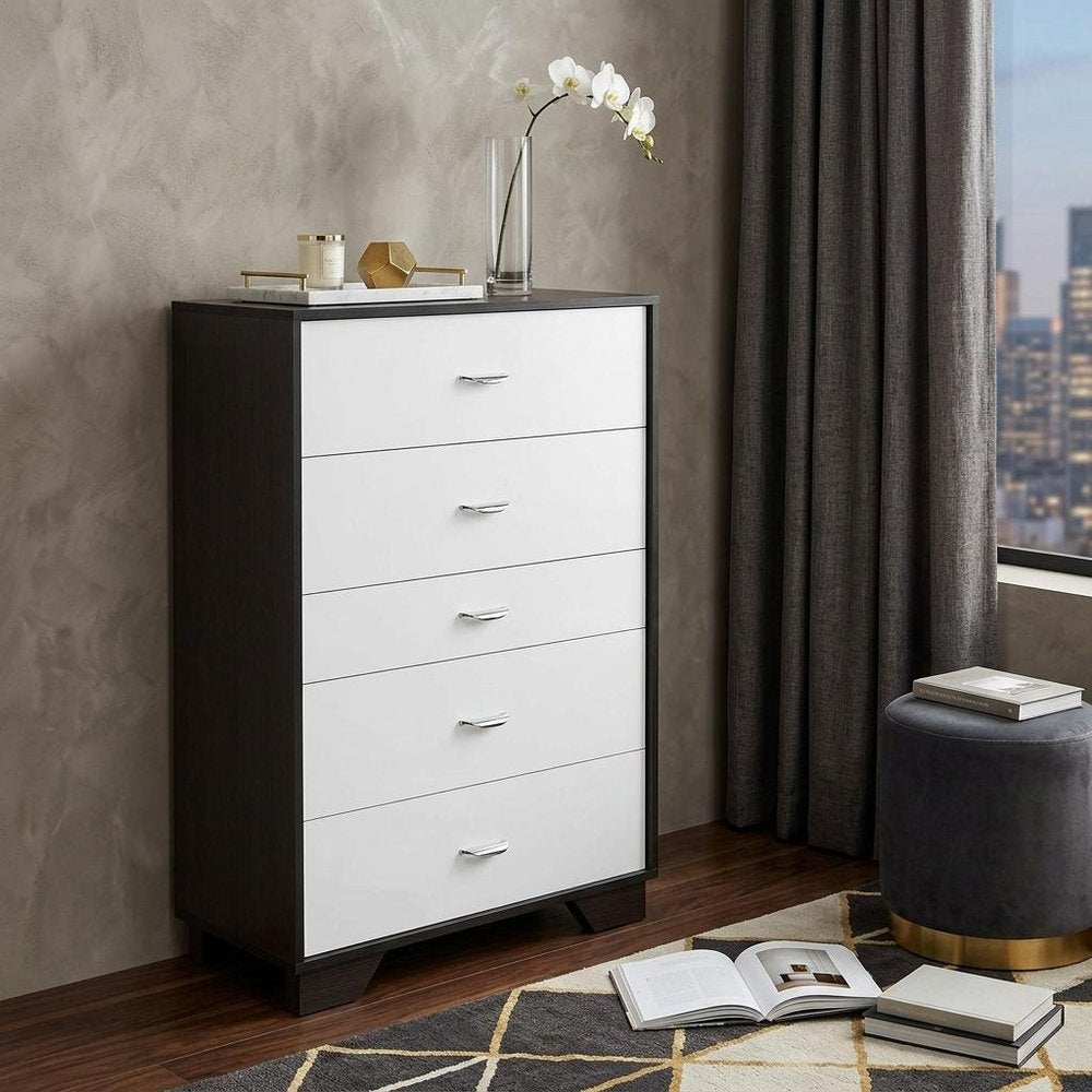 32" Brown And White Wood Five Drawer Dresser