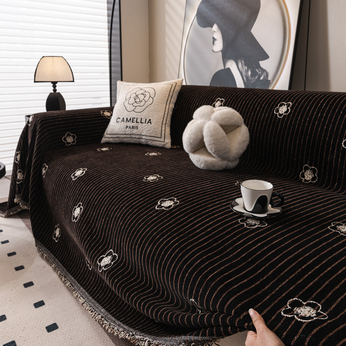 Chenille Camellia Floral Sofa Throw Cover Couch Blanket with Striped Jacquard