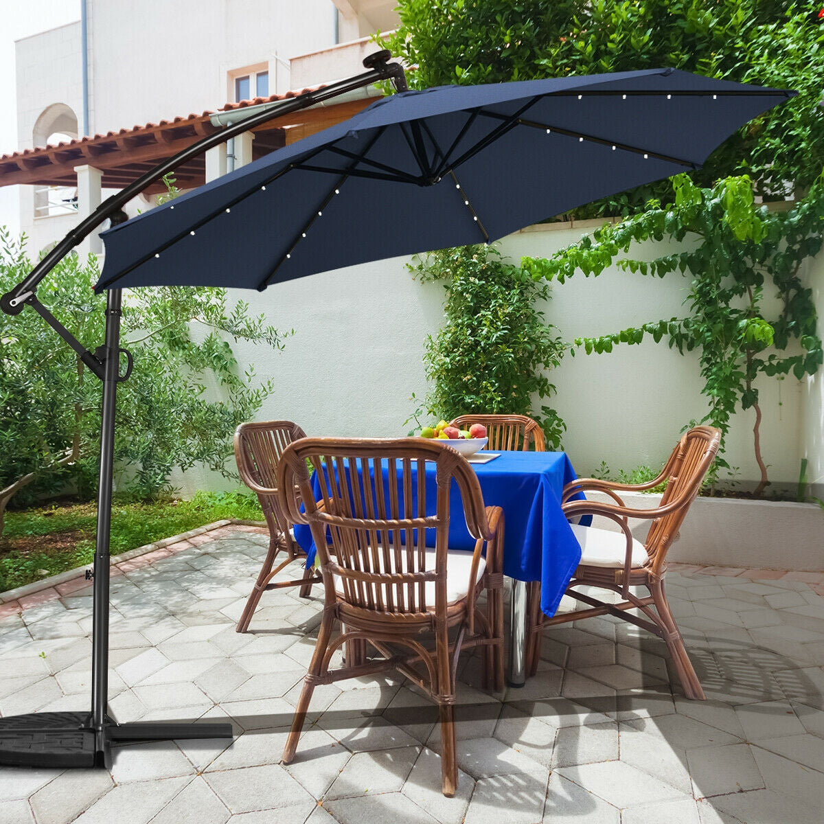 10 ft 360 ° Rotation Solar Powered LED Patio Offset Umbrella without Weight Base-Beige