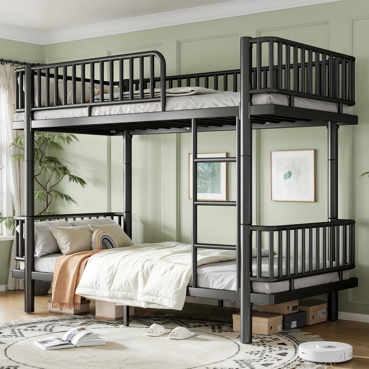 Twin XL over Twin XL Bunk Bed featuring Ladders & Guardrails, Metal Bunk Bed Frame with Upgraded Safety Round-Pipe Design, Can Transformed into 2 Platform Bed, Black