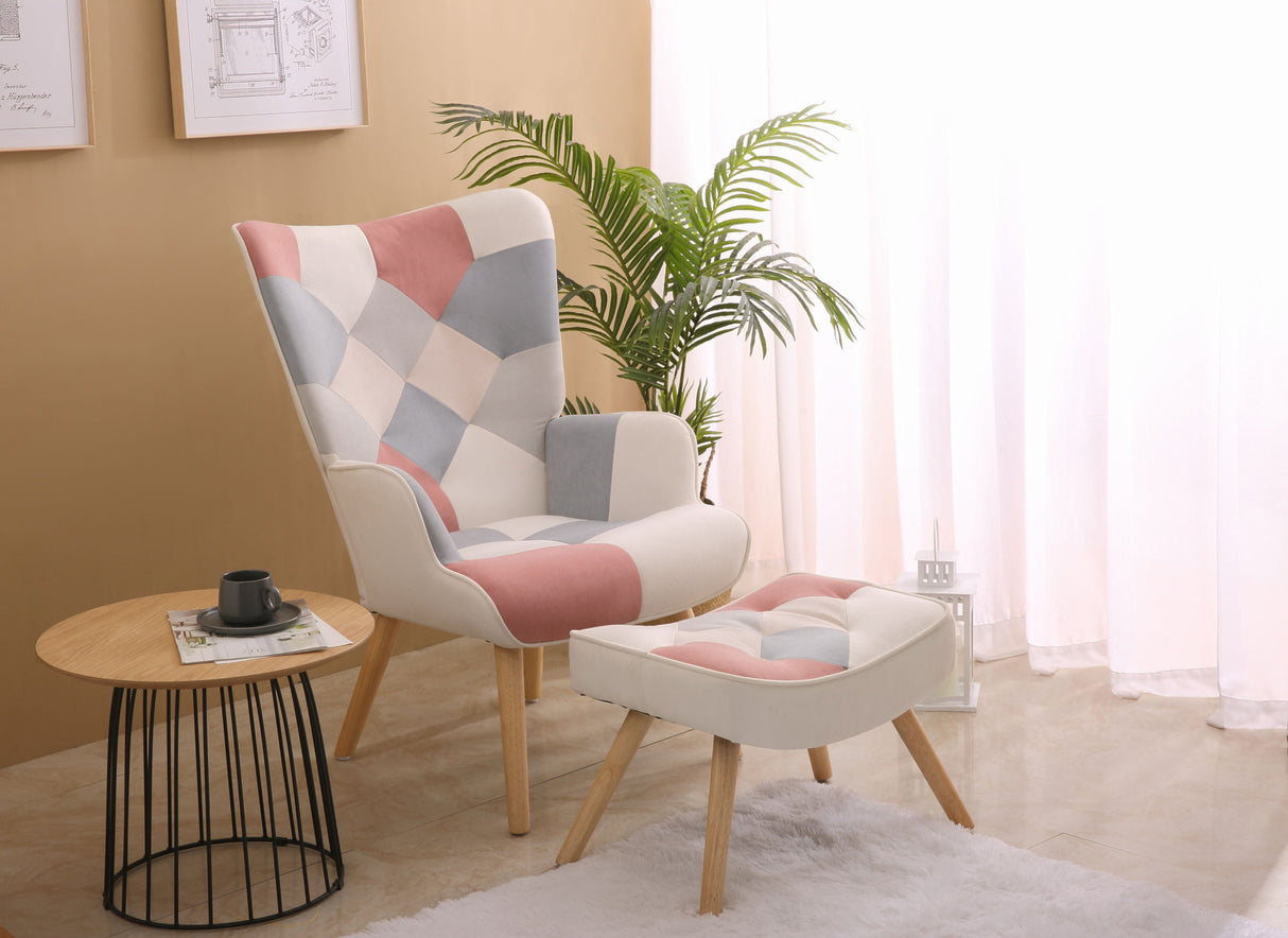 Accent Chair With Ottoman, Living Room Chair And Ottoman Set, Comfy Side Armchair For Bedroom, Creative Splicing Cloth Surface by Couch.com