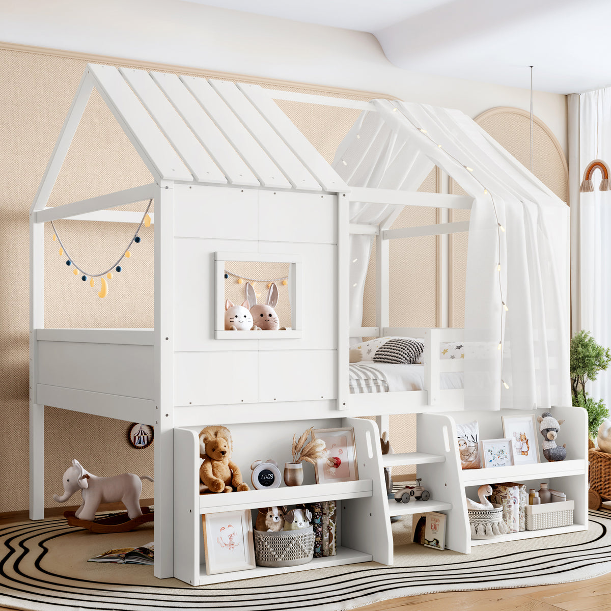 Full Size Loft Bed with Storage Shelves and Stairs, House Loft Bed with Playhouse Roof and Window, No Box Spring Needed, White