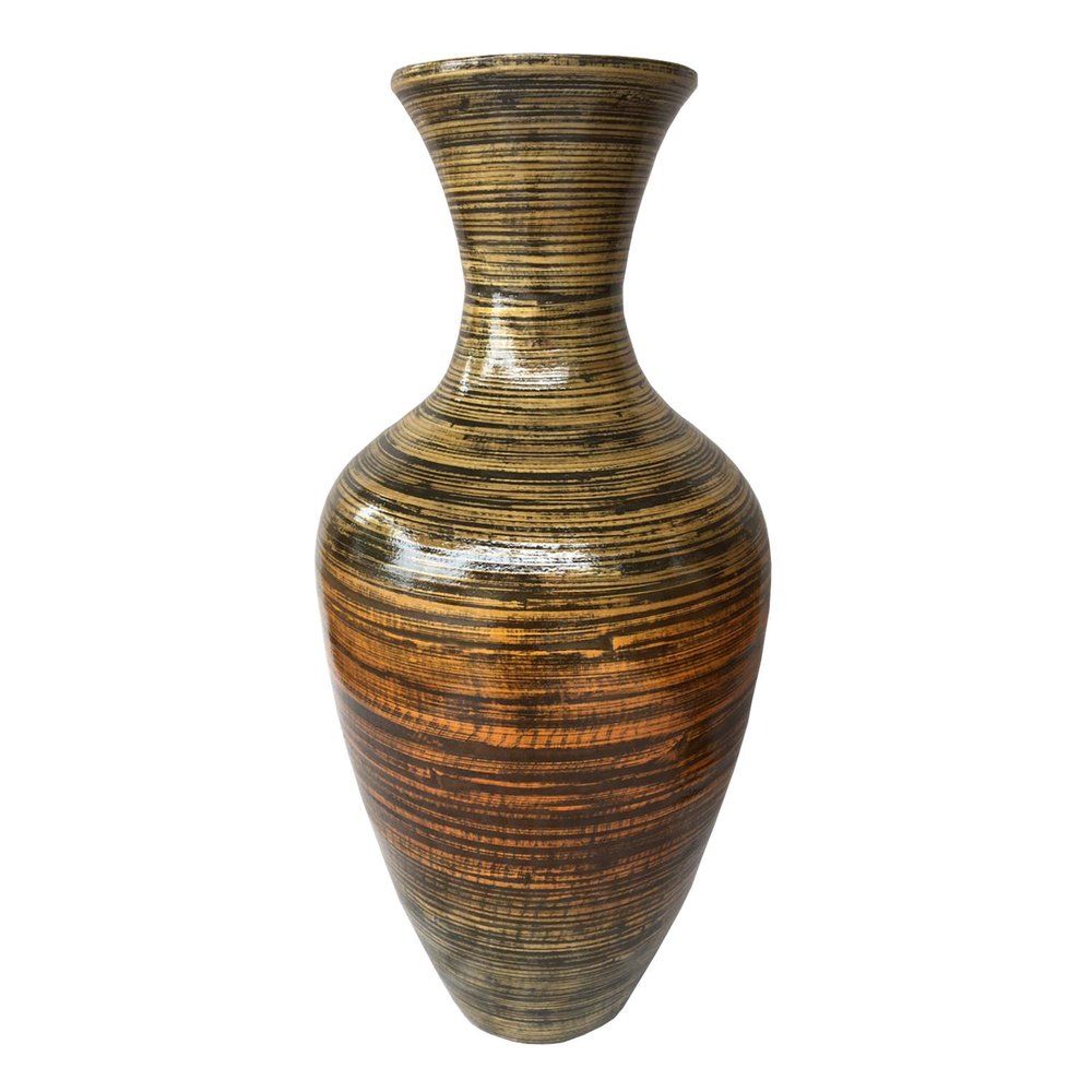 25" Black And Gold Striped Urn Bamboo Floor Vase