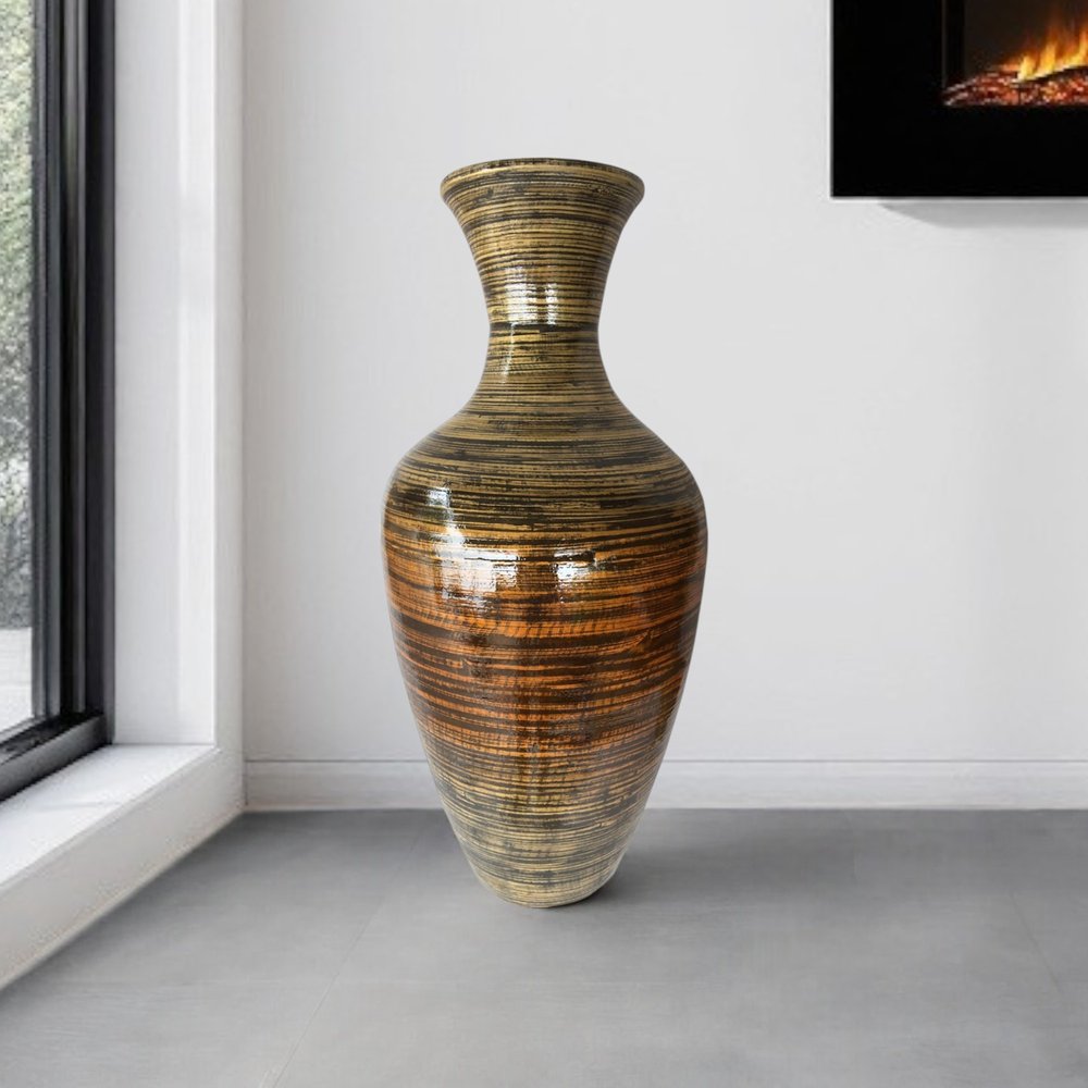 25" Black And Gold Striped Urn Bamboo Floor Vase