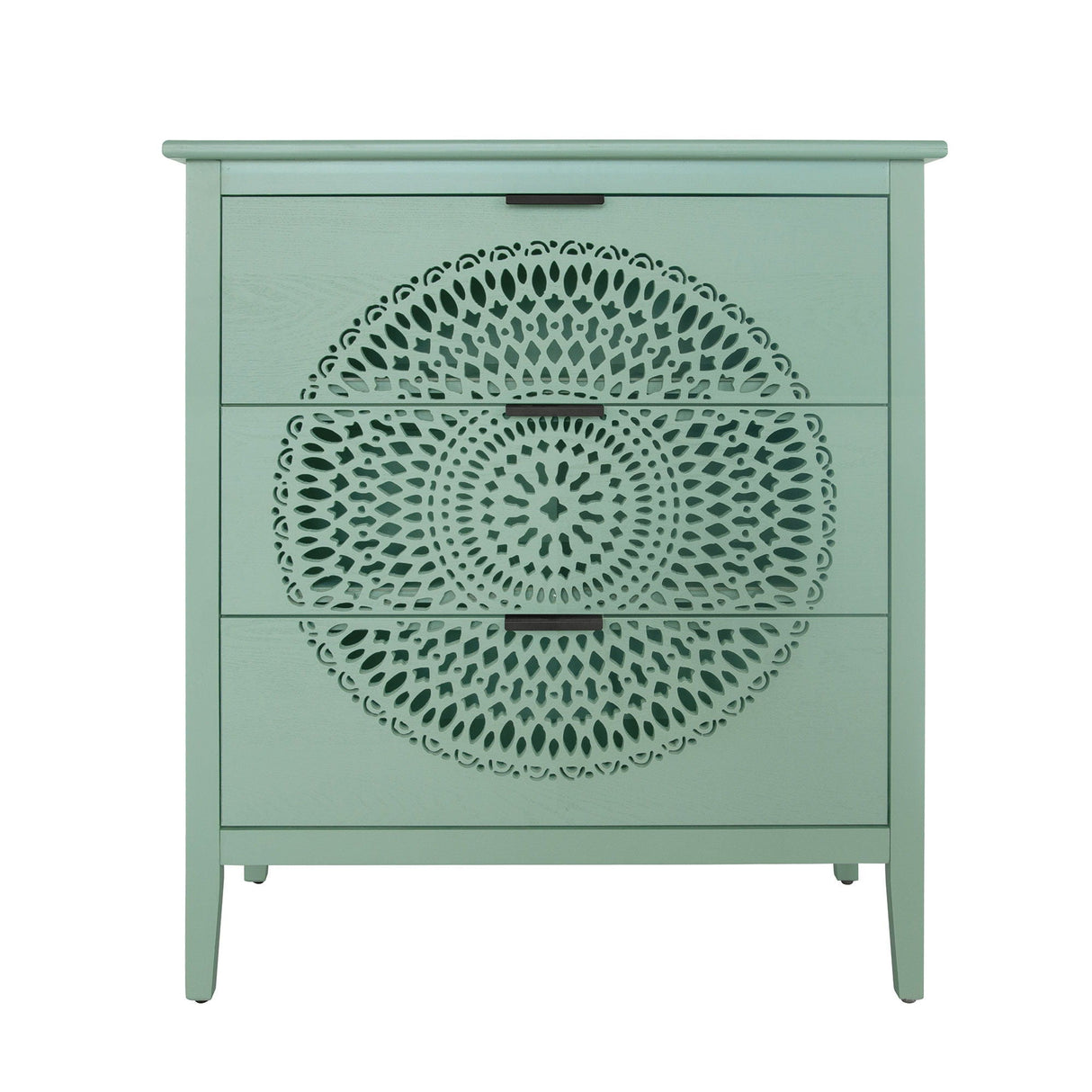 3 Drawer Storage Cabinet With Hollow Carved Design And Metal Handles, Chest For Entryway, Living Room Or Bedroom - Light Green by Couch.com