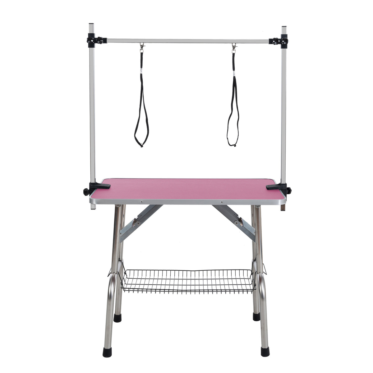 Pink Folding Pet Grooming Table with Stainless Steel Frame and Rubber Mat, Adjustable Arm & Clamps, 46'