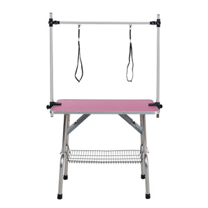 Pink Folding Pet Grooming Table with Stainless Steel Frame and Rubber Mat, Adjustable Arm and Clamps for Dogs and Cats