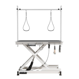 Super Deluxe Electric Pet Grooming Table, White Color, Height Adjustable 10 to 36 Inch, MDF and Steel Construction