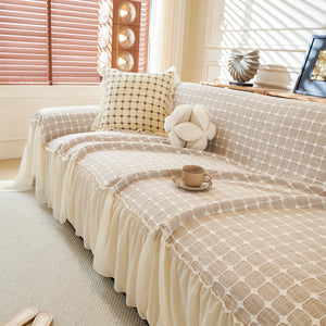 Grid Textured Sofa Cover with Sheer Ruffle Skirt, Pet-Friendly Sofa Throw Slipcover