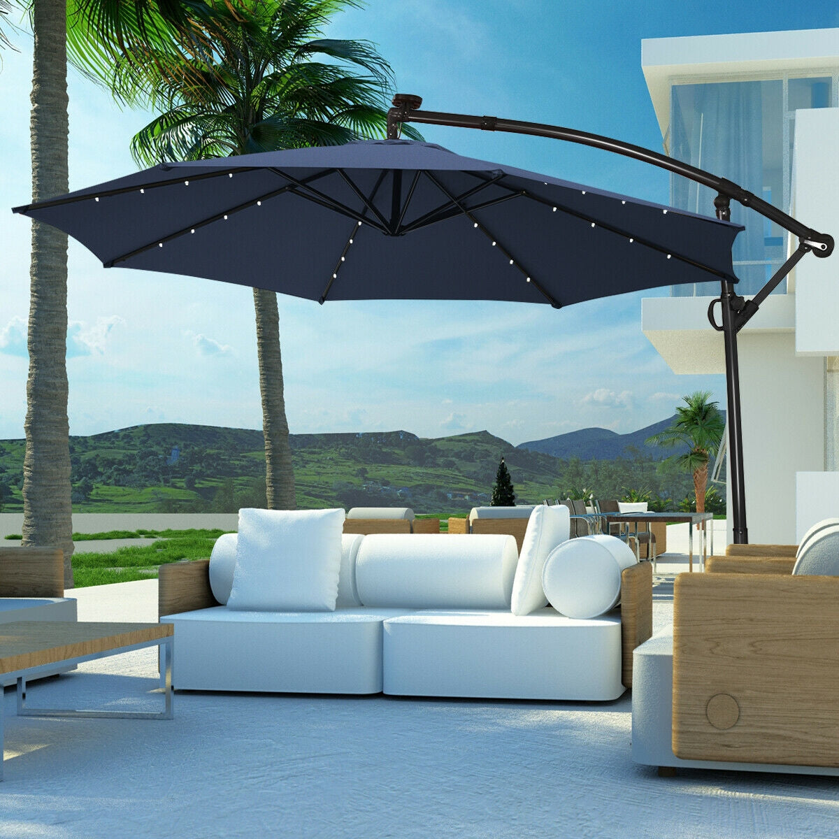 10 ft 360 ° Rotation Solar Powered LED Patio Offset Umbrella without Weight Base-Beige