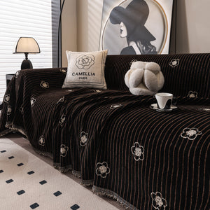 Chenille Camellia Floral Sofa Throw Cover Couch Blanket with Striped Jacquard