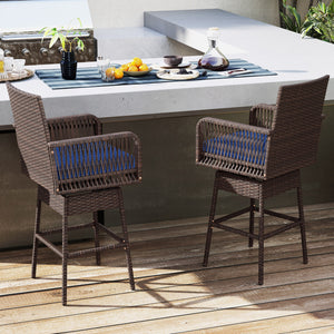 29â€ Bar Height Patio 360Â° Swivel Bar Stool with Cross-Woven Armrests Footrest and Seat Cushion-Navy