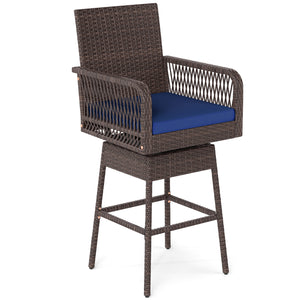 29â€ Bar Height Patio 360Â° Swivel Bar Stool with Cross-Woven Armrests Footrest and Seat Cushion-Navy