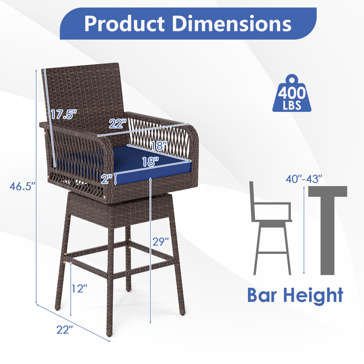 29â€ Bar Height Patio 360Â° Swivel Bar Stool with Cross-Woven Armrests Footrest and Seat Cushion-Navy