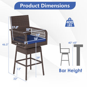 29â€ Bar Height Patio 360Â° Swivel Bar Stool with Cross-Woven Armrests Footrest and Seat Cushion-Navy