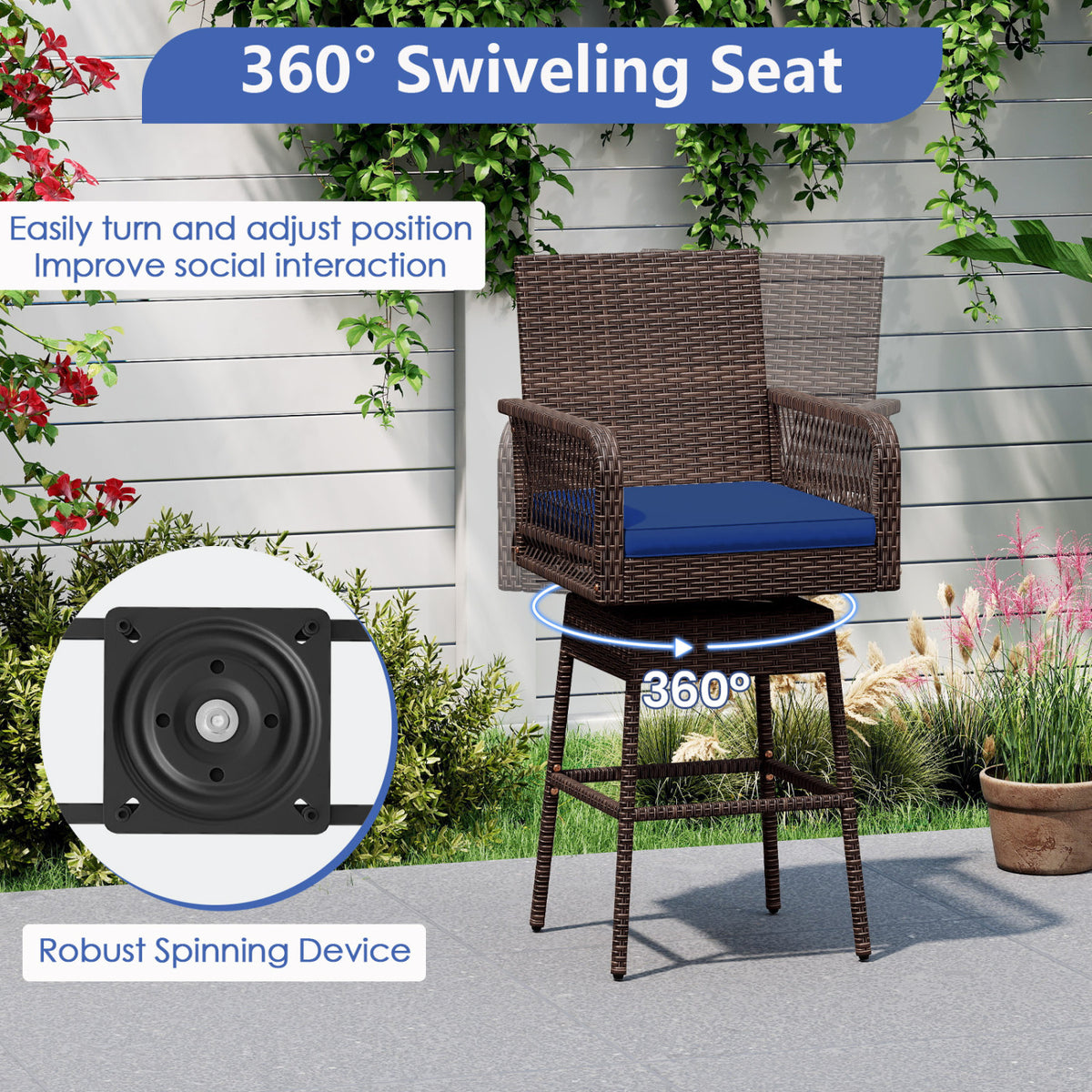 29â€ Bar Height Patio 360Â° Swivel Bar Stool with Cross-Woven Armrests Footrest and Seat Cushion-Navy
