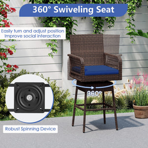 29â€ Bar Height Patio 360Â° Swivel Bar Stool with Cross-Woven Armrests Footrest and Seat Cushion-Navy