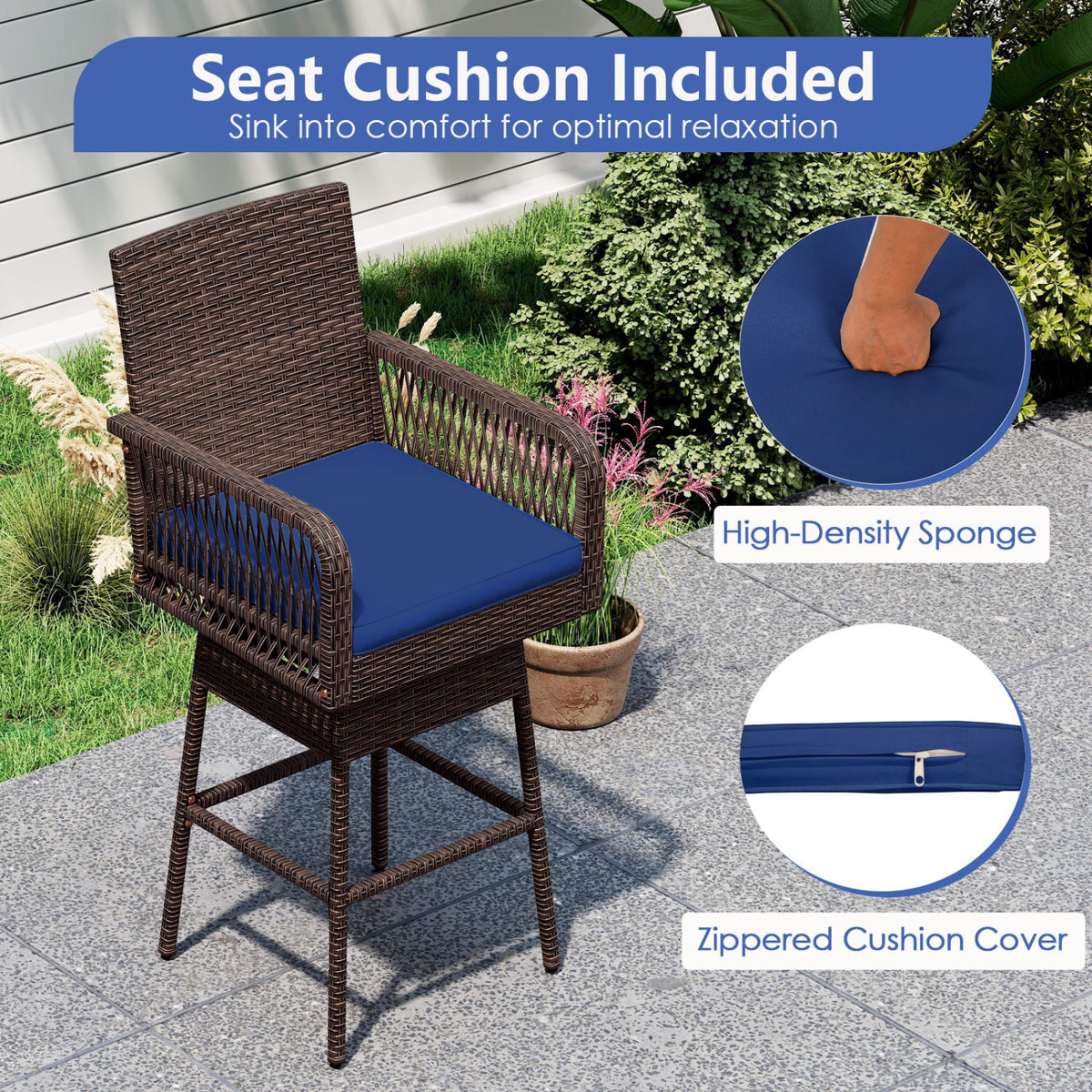 29â€ Bar Height Patio 360Â° Swivel Bar Stool with Cross-Woven Armrests Footrest and Seat Cushion-Navy