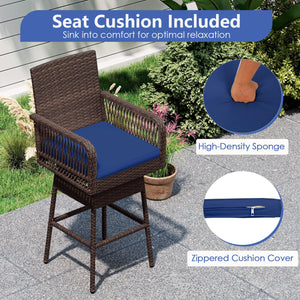 29â€ Bar Height Patio 360Â° Swivel Bar Stool with Cross-Woven Armrests Footrest and Seat Cushion-Navy