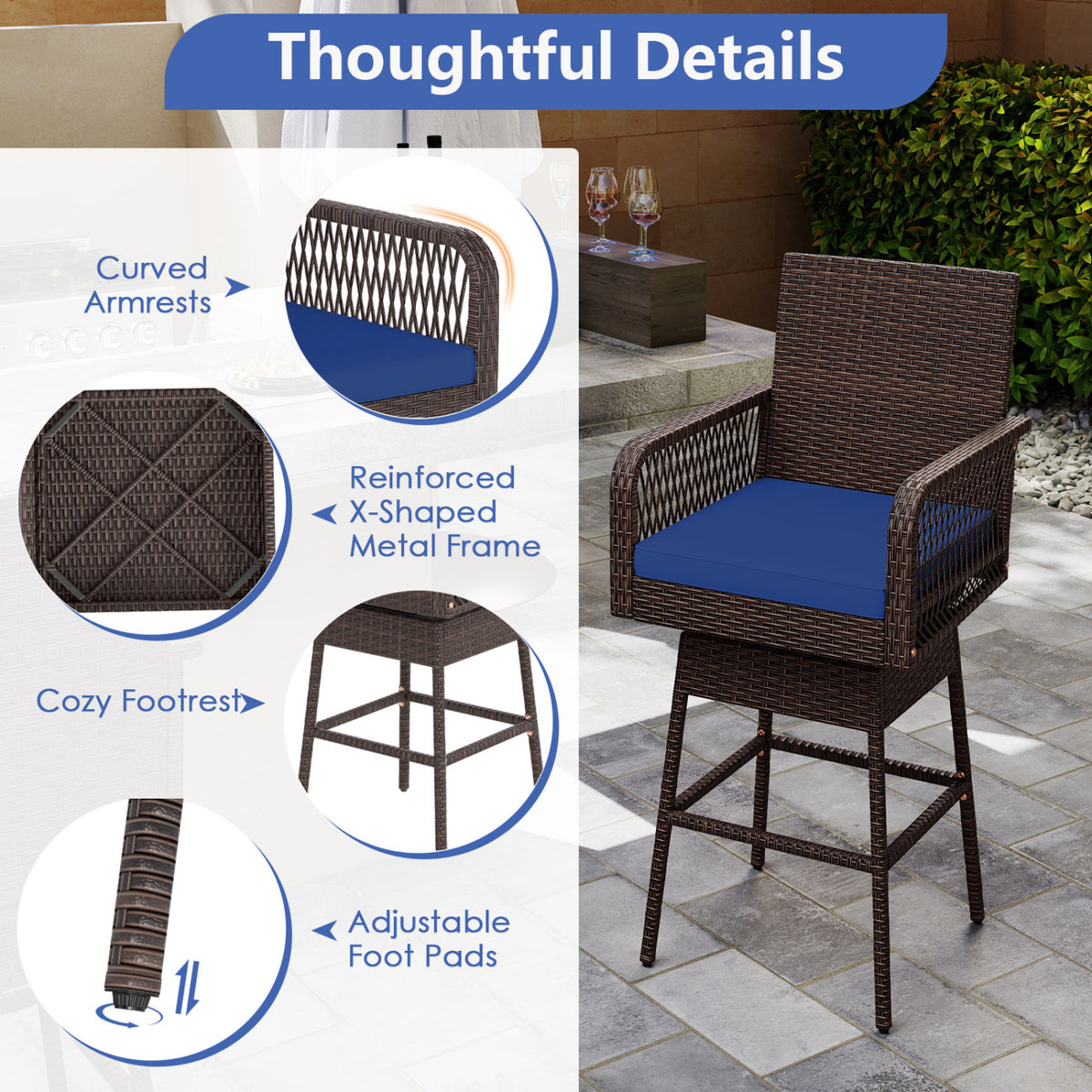 29â€ Bar Height Patio 360Â° Swivel Bar Stool with Cross-Woven Armrests Footrest and Seat Cushion-Navy