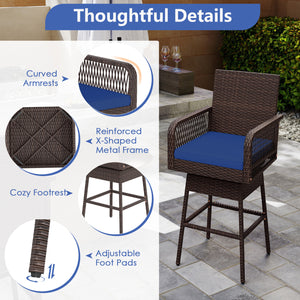 29â€ Bar Height Patio 360Â° Swivel Bar Stool with Cross-Woven Armrests Footrest and Seat Cushion-Navy