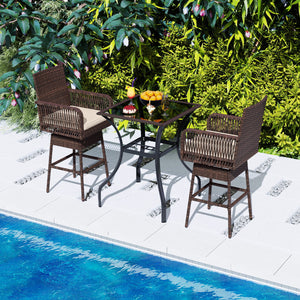 29â€ Bar Height Patio 360Â° Swivel Bar Stool with Cross-Woven Armrests Footrest and Seat Cushion-Brown