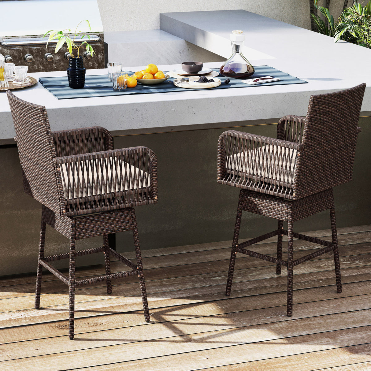 29â€ Bar Height Patio 360Â° Swivel Bar Stool with Cross-Woven Armrests Footrest and Seat Cushion-Brown