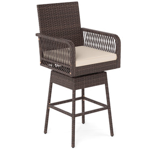 29â€ Bar Height Patio 360Â° Swivel Bar Stool with Cross-Woven Armrests Footrest and Seat Cushion-Brown