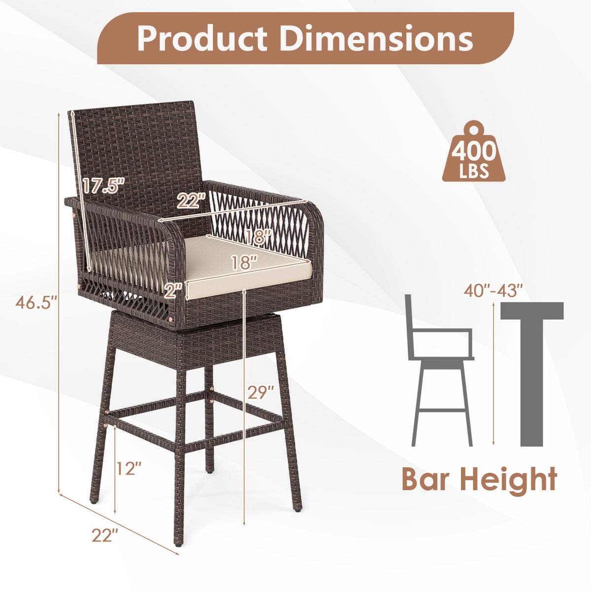 29â€ Bar Height Patio 360Â° Swivel Bar Stool with Cross-Woven Armrests Footrest and Seat Cushion-Brown