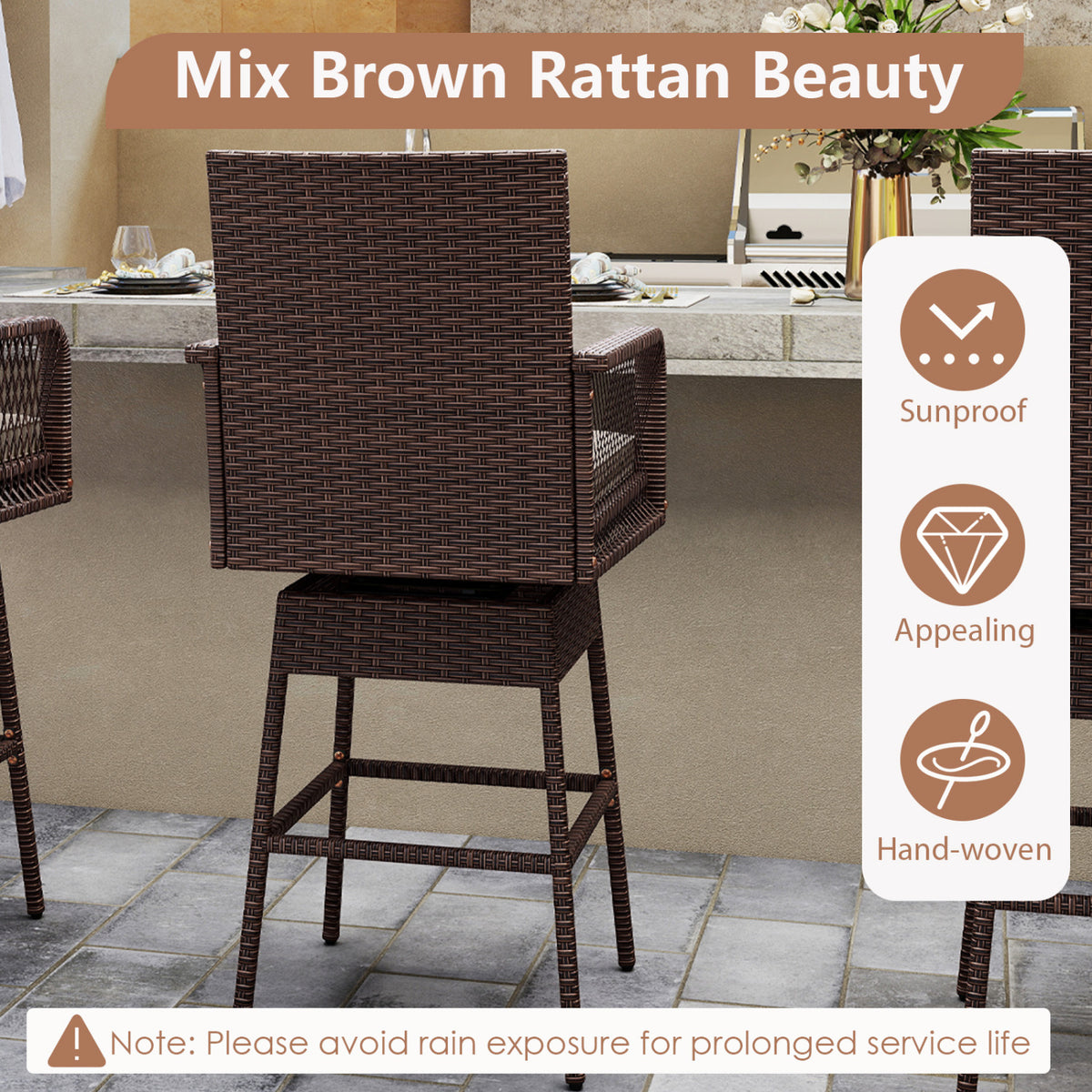 29â€ Bar Height Patio 360Â° Swivel Bar Stool with Cross-Woven Armrests Footrest and Seat Cushion-Brown