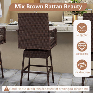 29â€ Bar Height Patio 360Â° Swivel Bar Stool with Cross-Woven Armrests Footrest and Seat Cushion-Brown