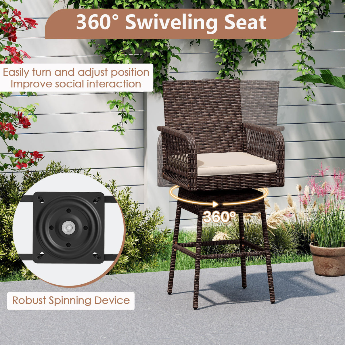 29â€ Bar Height Patio 360Â° Swivel Bar Stool with Cross-Woven Armrests Footrest and Seat Cushion-Brown
