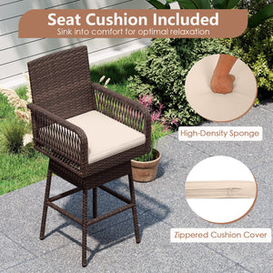 29â€ Bar Height Patio 360Â° Swivel Bar Stool with Cross-Woven Armrests Footrest and Seat Cushion-Brown