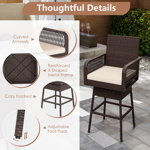 29â€ Bar Height Patio 360Â° Swivel Bar Stool with Cross-Woven Armrests Footrest and Seat Cushion-Brown